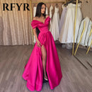 RFYR Elegant Pleats Prom Gown Satin Side Slit Evening Dress Off Shoulder Party Prom Dress For Women robes de soirée Customized