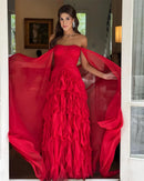 Sansa Strapless A-Line Lace Prom Dress Detachable Shawl  Customized Party Dress Floor-Length Zip Evening Dresses