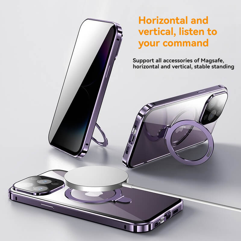 MagSafe Magnetic 2-Way Stand Case | 2025 Metal & Glass Shockproof Cover for iPhone Series | Wireless Charging Compatible