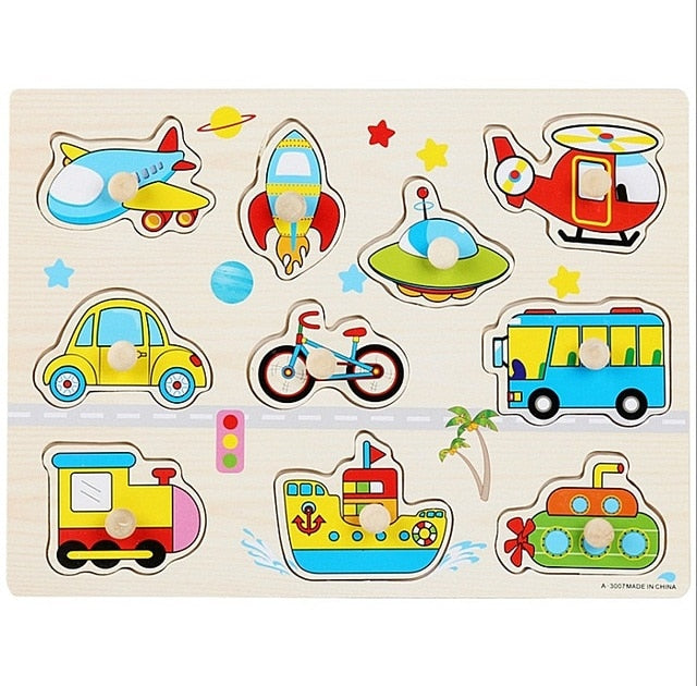 30cm Baby Toys Montessori Wooden Puzzle Hand Grab Board Educational Wood Puzzles for Kids Cartoon Animal Vehicle Child Gift