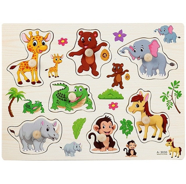 30cm Baby Toys Montessori Wooden Puzzle Hand Grab Board Educational Wood Puzzles for Kids Cartoon Animal Vehicle Child Gift