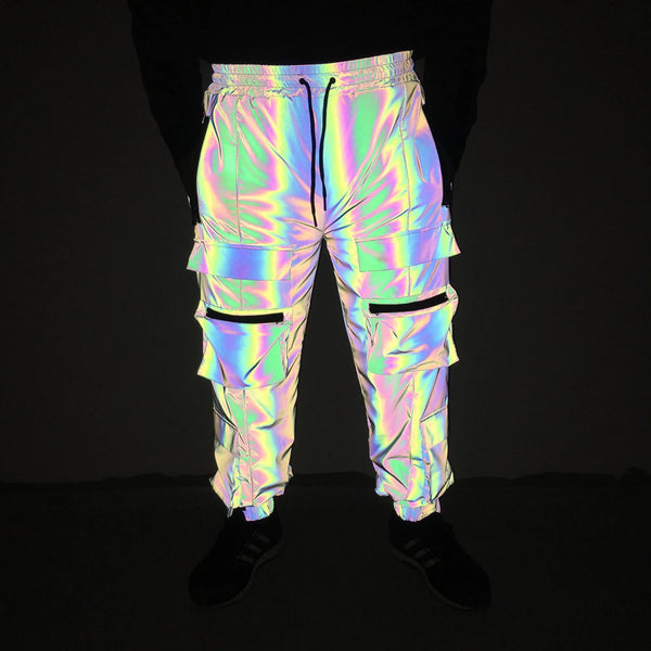 Holographic Men Reflective Rave Geometric Colorful Hip Hop Cargo Pants Casual Jogging Sweatpants Clothing