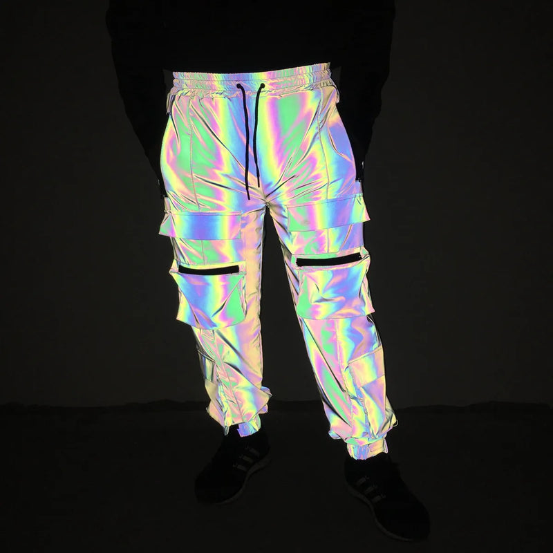 Holographic Men Reflective Rave Geometric Colorful Hip Hop Cargo Pants Casual Jogging Sweatpants Clothing