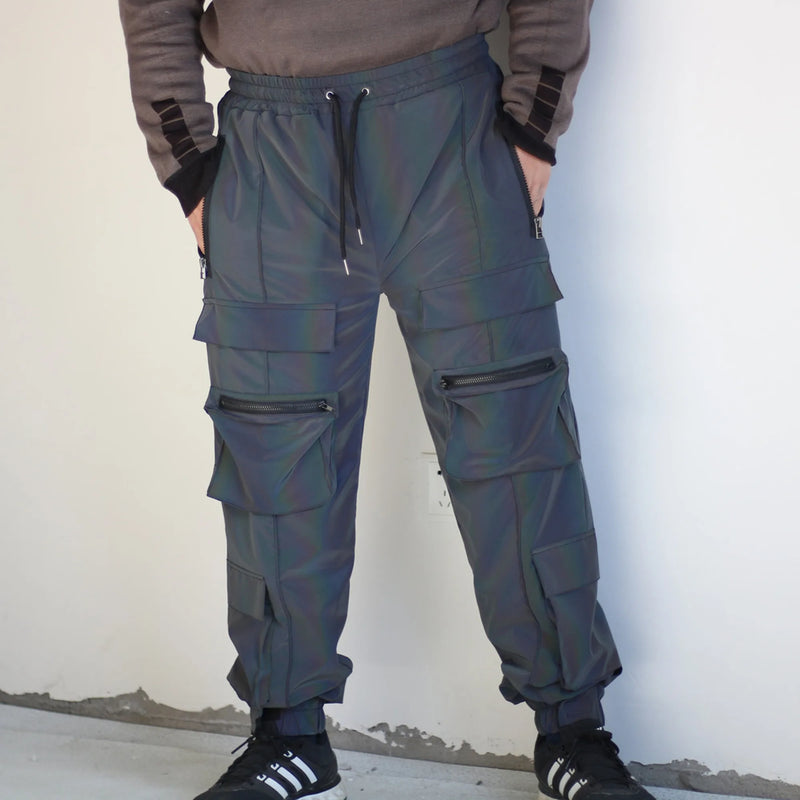 Holographic Men Reflective Rave Geometric Colorful Hip Hop Cargo Pants Casual Jogging Sweatpants Clothing