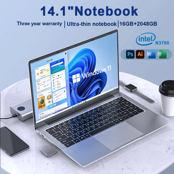 New 14.1" Ultra Slim Laptop 16GB RAM 2TB SSD Intel N3700 Notebook Gamer 1920*1080 Display Office Study Computer PC Windows 11