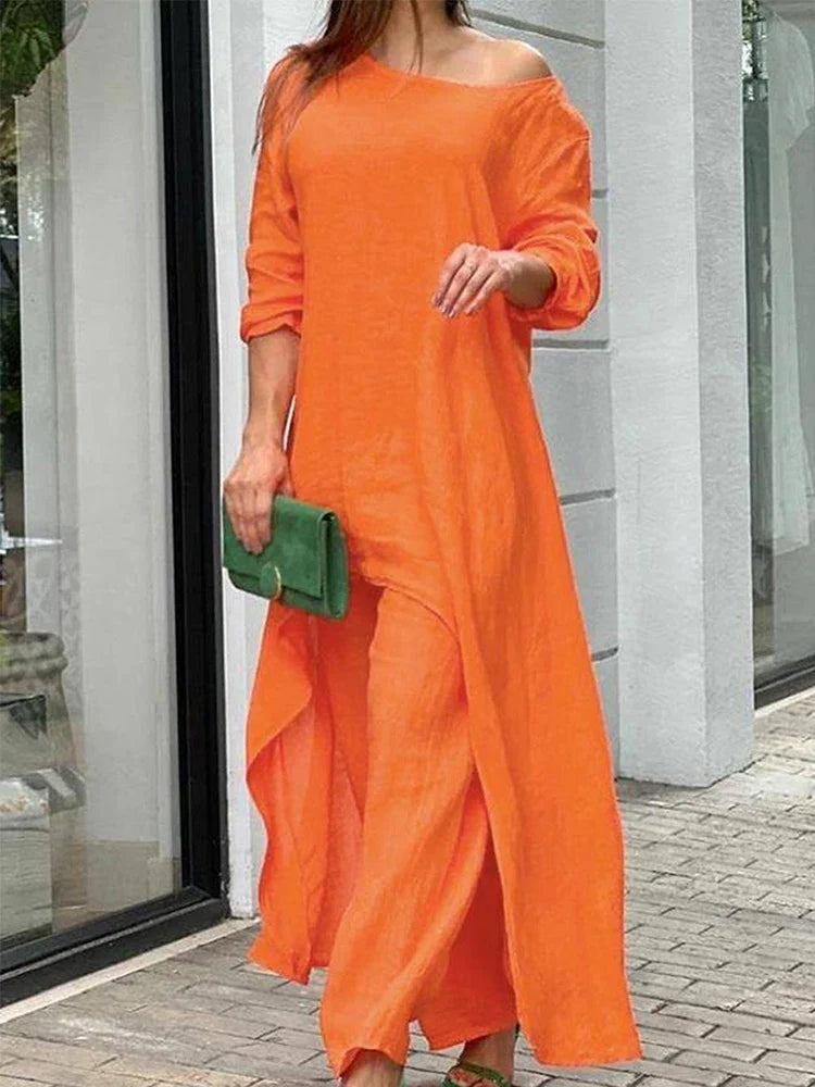 Plus Size Cotton Linen 2 Piece Set for Women Irregularly Hem Wide Leg Pant Outfits Casual Dressy Loose Two Piece Matching Sets