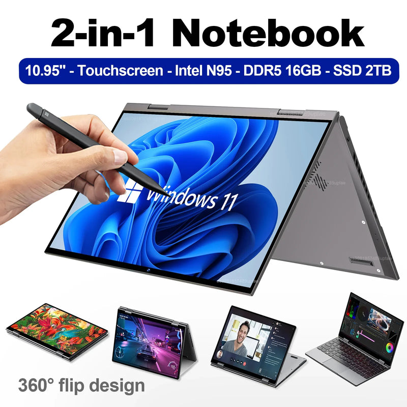 10.95" Laptop 2 in 1 Touchscreen Intel Celeron N95 16GB DDR5 2TB SSD 360° Flip Laptop Windows 11 Aluminum alloy body Notebook PC