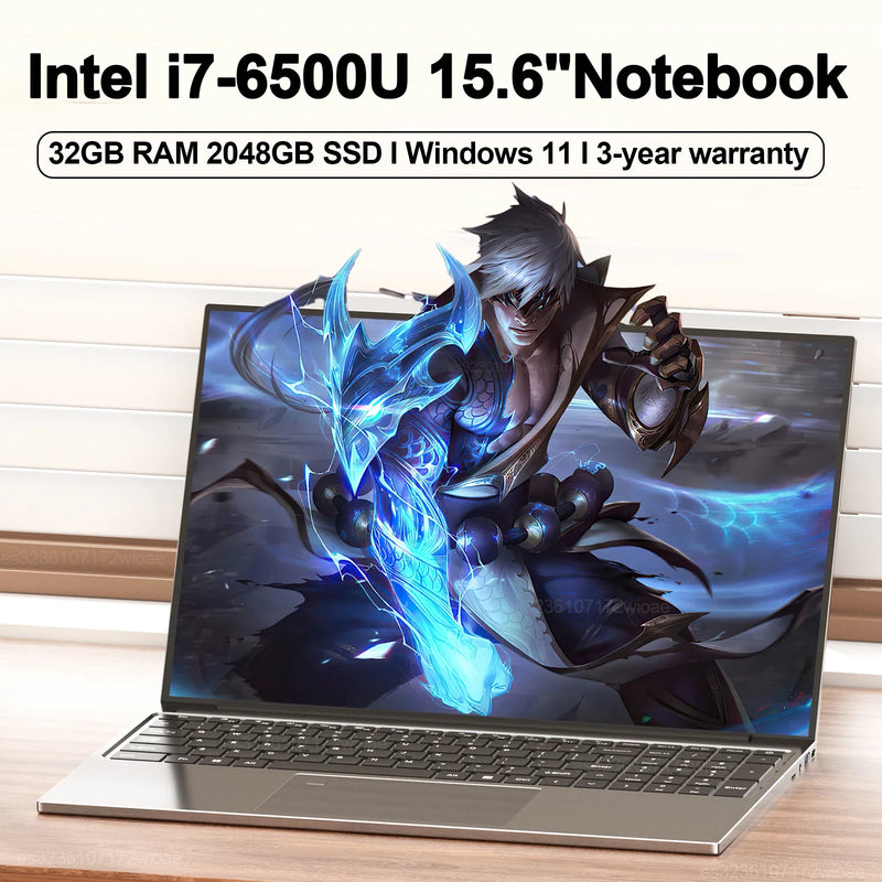 Ultra Slim 15.6"Laptop 32GB RAM 2048GB SSD Intel Core i7-6500U Notebook Windows 11 Gamer 1920*1080 Display Office Study Computer