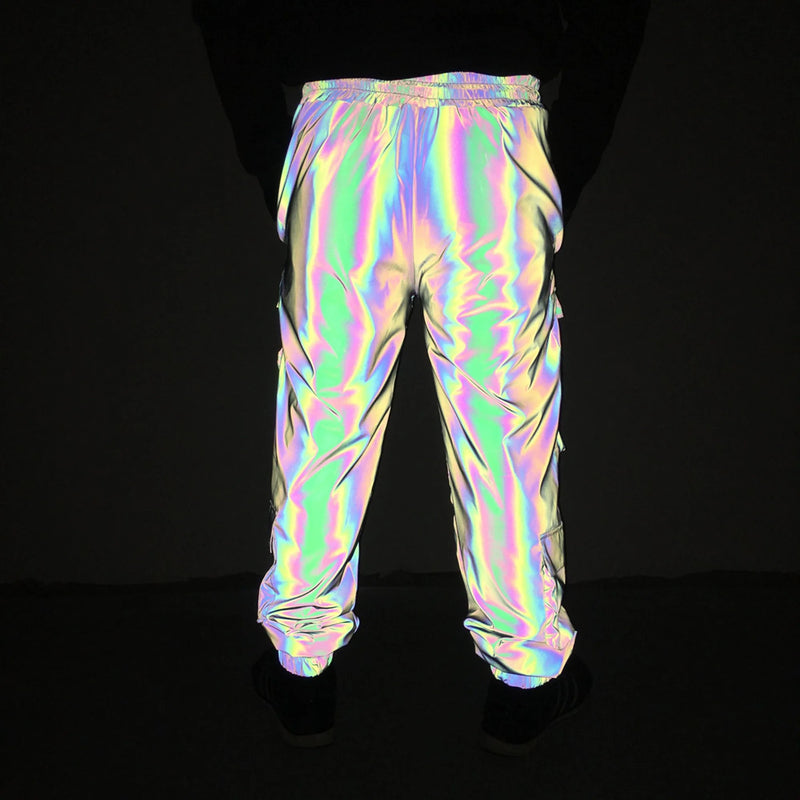 Holographic Men Reflective Rave Geometric Colorful Hip Hop Cargo Pants Casual Jogging Sweatpants Clothing