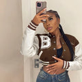 Patchwork Short Jacket Women Fall Casual Letter Print Button Baseball Uniform Coat Y2K Fashion Sporty Sweatshirt Oversize
