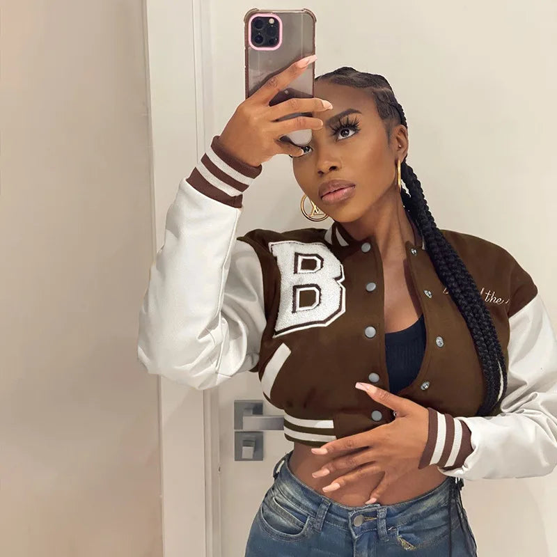 Patchwork Short Jacket Women Fall Casual Letter Print Button Baseball Uniform Coat Y2K Fashion Sporty Sweatshirt Oversize