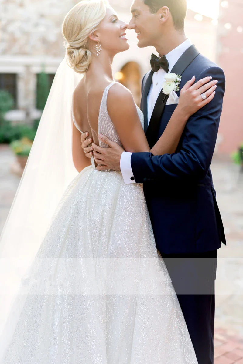 LORIE Glitter Women's Wedding Dress v neck tailoring wedding dresses свадебное платье бле gelinlik Arabic Bridal Gown Customized