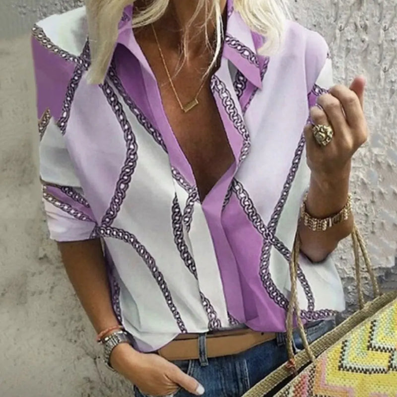 Jocoo Jolee Women Casual Blouse Long Sleeve Chain t Shirt Print Office Turn Down Collar Tee Elegant Work Oversized Tops Tunic