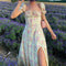 Women Floral Print Split Dress Sweet Puff Short Sleeve Square Collar Slim Fit Maxi Dress Holiday Summer Casual Sexy A-Line Dress