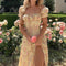 Women Floral Print Split Dress Sweet Puff Short Sleeve Square Collar Slim Fit Maxi Dress Holiday Summer Casual Sexy A-Line Dress