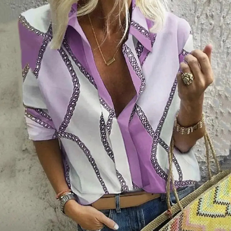 Jocoo Jolee Women Casual Blouse Long Sleeve Chain t Shirt Print Office Turn Down Collar Tee Elegant Work Oversized Tops Tunic