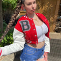 Patchwork Short Jacket Women Fall Casual Letter Print Button Baseball Uniform Coat Y2K Fashion Sporty Sweatshirt Oversize
