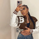 Patchwork Short Jacket Women Fall Casual Letter Print Button Baseball Uniform Coat Y2K Fashion Sporty Sweatshirt Oversize