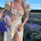 Women Floral Print Split Dress Sweet Puff Short Sleeve Square Collar Slim Fit Maxi Dress Holiday Summer Casual Sexy A-Line Dress