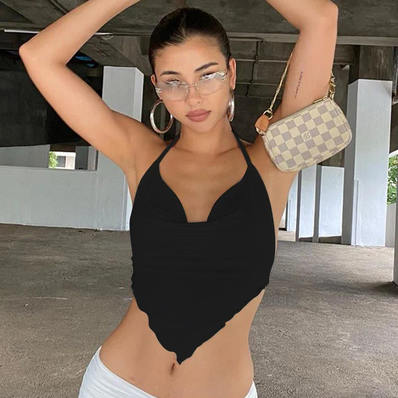 Summer Y2K White Halter Top Women Cami Backless Sexy Summer Crop Tops Sleeveless Camisole Lacing Cropped Female Tops Streetwea