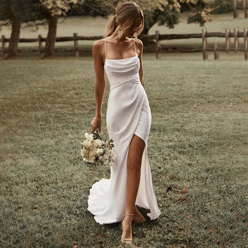 DREAM Customized Simple Spaghetti Straps Sexy Boho Mermaid Wedding Dress High Slit Backless Bohemian Bride Vestidos De Noiva