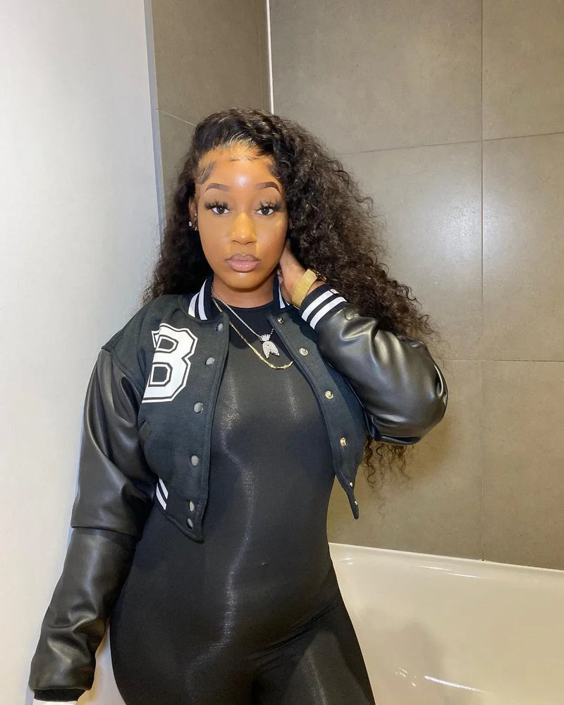 Patchwork Short Jacket Women Fall Casual Letter Print Button Baseball Uniform Coat Y2K Fashion Sporty Sweatshirt Oversize