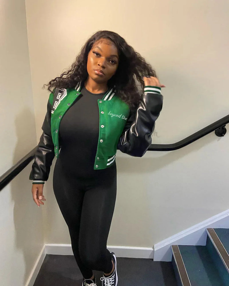 Patchwork Short Jacket Women Fall Casual Letter Print Button Baseball Uniform Coat Y2K Fashion Sporty Sweatshirt Oversize