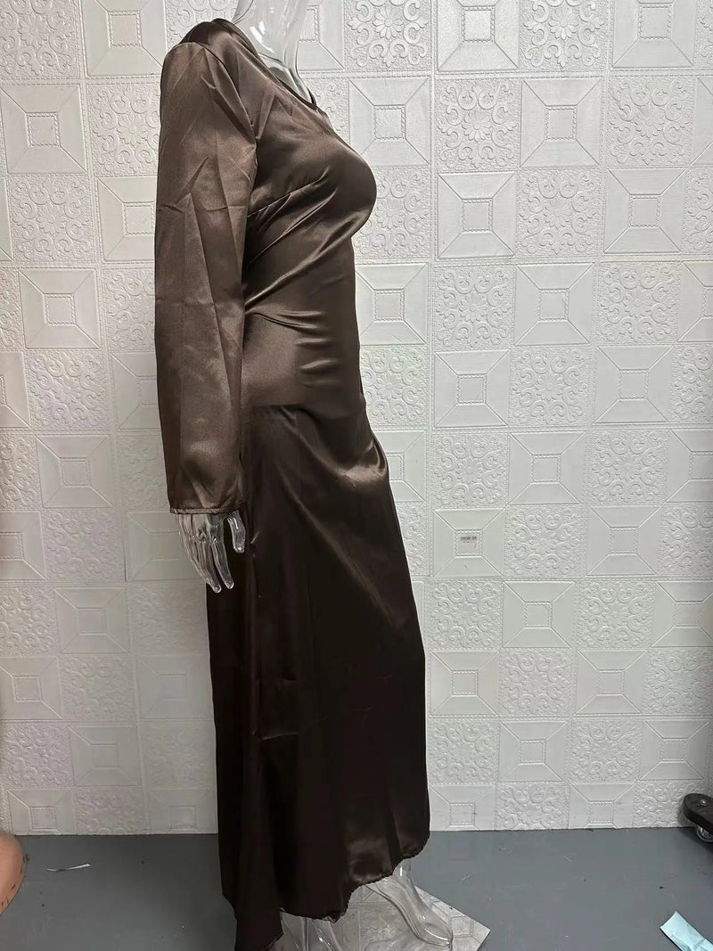 Fashionable new round neck long sleeved lace up solid color elegant waist cinching dress