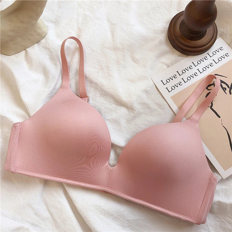 Women's Bras Sexy Seamless Wireless Ice Silk Bralette Gather Push Up Lingerie Thin Smiple Style AB Cup Deep V Female Underwear