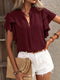 Rose red Elegant Pullover Blouse 2024 Women's Summer New V-neck Casual Double Layered Ruffle Sleeves Solid Color Shirt Top