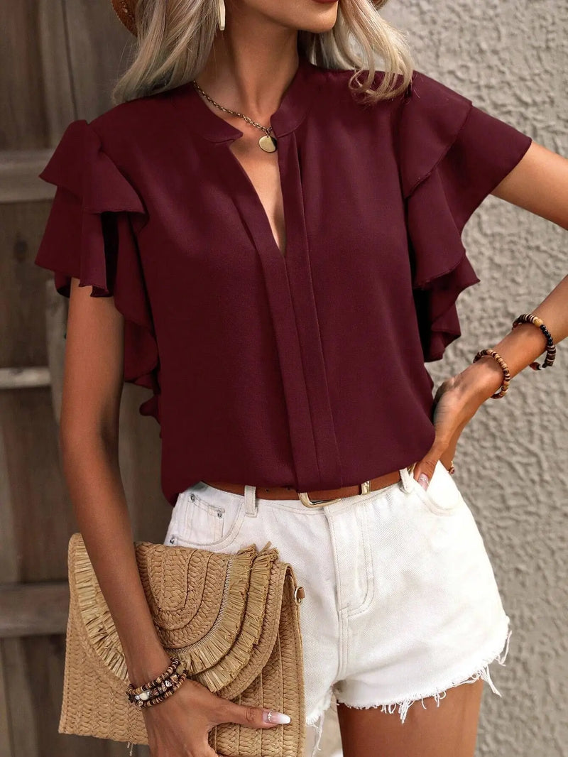Rose red Elegant Pullover Blouse 2024 Women's Summer New V-neck Casual Double Layered Ruffle Sleeves Solid Color Shirt Top