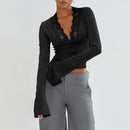 New Fashion Women's Fall Sexy Tops Slim Lace Trim Deep V Neck Bell Sleeve Crop Shirt Casual Streetwear