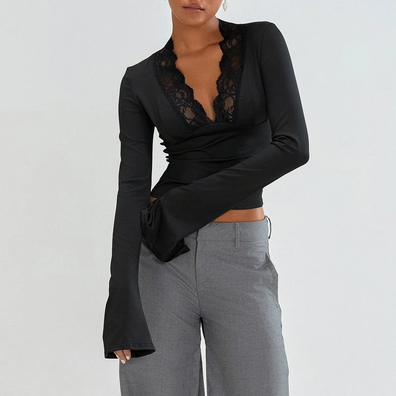 New Fashion Women's Fall Sexy Tops Slim Lace Trim Deep V Neck Bell Sleeve Crop Shirt Casual Streetwear