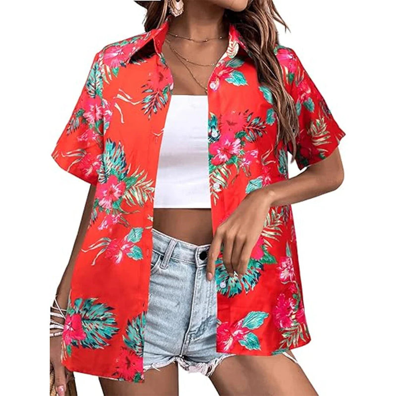 New Women's Short Sleeve T-shirts Fashionable 3d Floral Printed Casual Hawaii Style Basic Tops Lapel Short Sleeve Shirt Summer