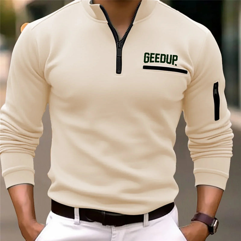 Men's Long-Sleeved Casual Sports Polo Shirt Spring Autumn Comfortable Printed T-Shirt with Arm Zipper Pocket Fashion Top