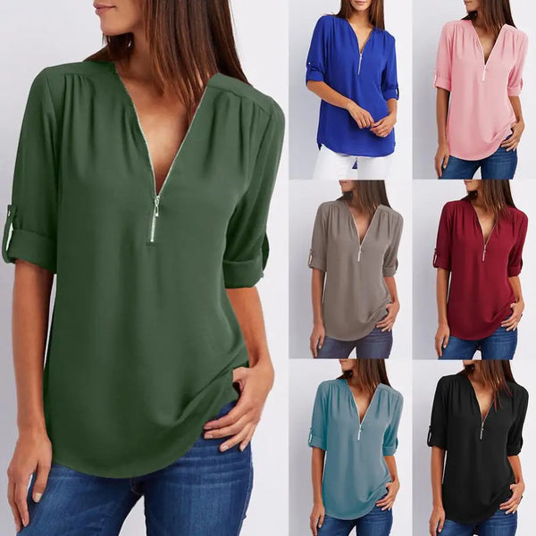 S-5XL Ladies Loose Blouse Chiffon Shirt Zipper V-Neck Half Sleeve Shirts Casual Office Lady Sexy Blouse Shirt Tops Multi Colors