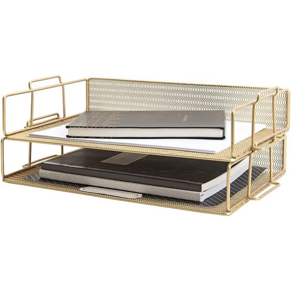 Gold File Desk Organizer - 2-Tier Paper Tray - Document and Letter - Elegant Inbox Office Acce