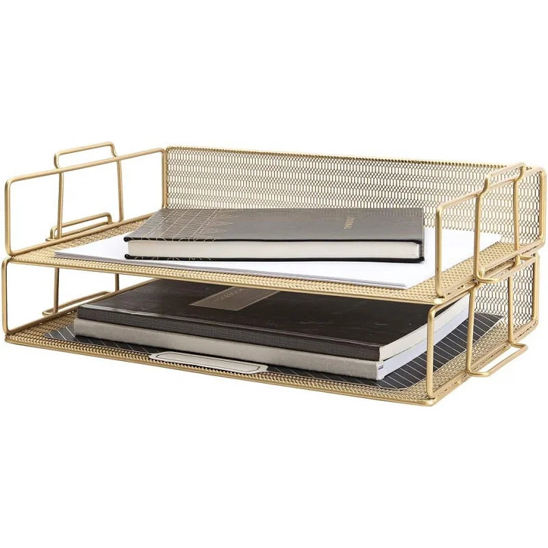 Gold File Desk Organizer - 2-Tier Paper Tray - Document and Letter - Elegant Inbox Office Acce