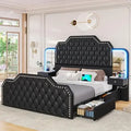 Queen Size 53” Tall Platform Bed Frame with 4 Storage Drawers Built in Charging Station & LED Bedroom White Headboards Under Bed