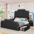 Queen Size 53” Tall Platform Bed Frame with 4 Storage Drawers Built in Charging Station & LED Bedroom White Headboards Under Bed