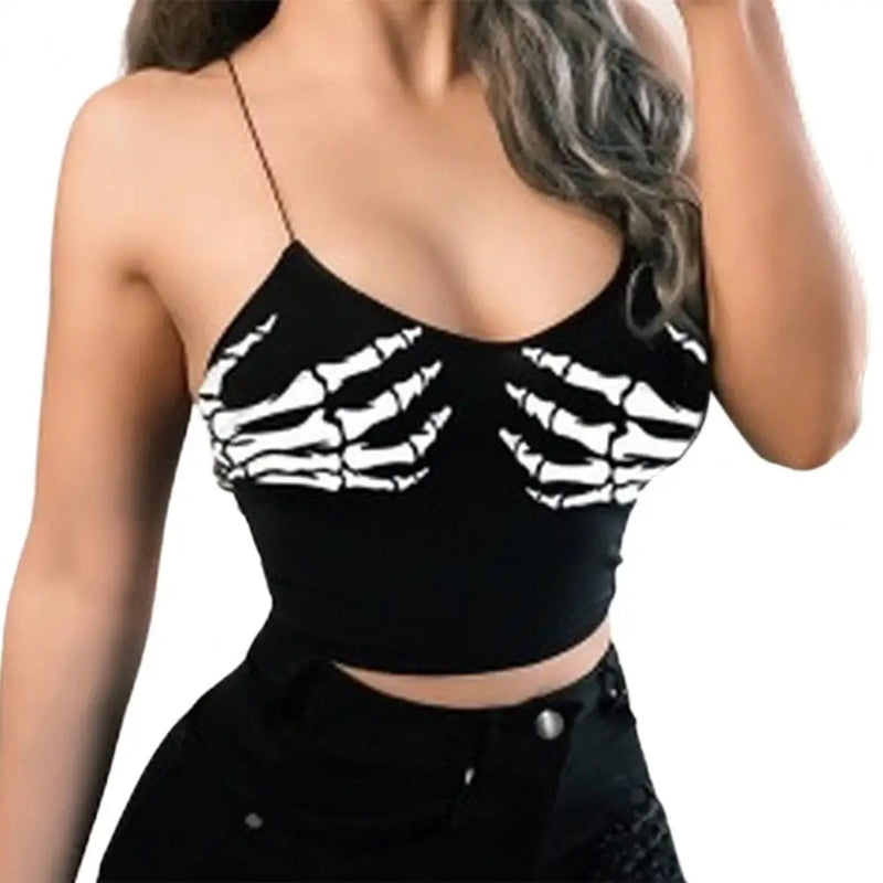S-3xl Ladies Summer Camisole Bodycon Crop Top Hand Print Gothic Sexy Close Fit Low Cut Camisole Clubwear Four Colors Tank