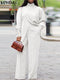Plus Size VONDA Women Autumn High Neck Suits Solid Color Long Sleeve Matching Sets Elegant Split And Wide Leg Long Trousers 2PCs