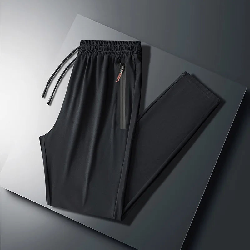 New Men Running Pants Ice silk elastic Breathable stripe Quick Dry Training Fitness Zip Pocket Joggings Pant Male Gym Sweatpants