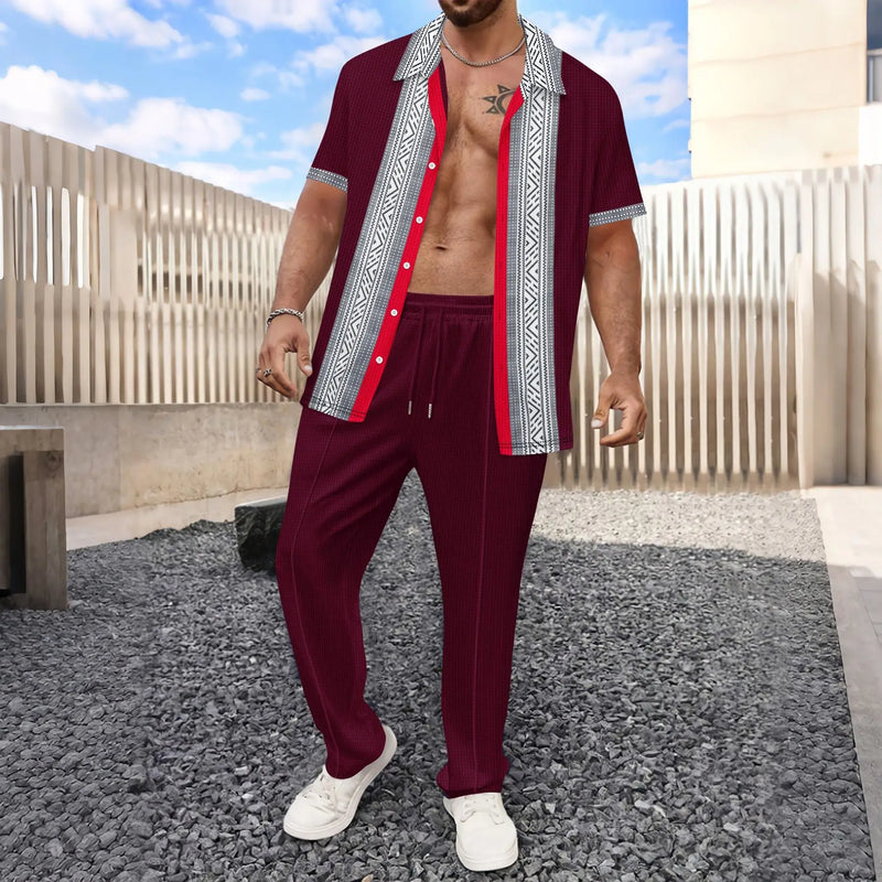 2025 Spring summer autumn winter new trend men's business casual fashion lapel cardigan short sleeve trousers waffle suit