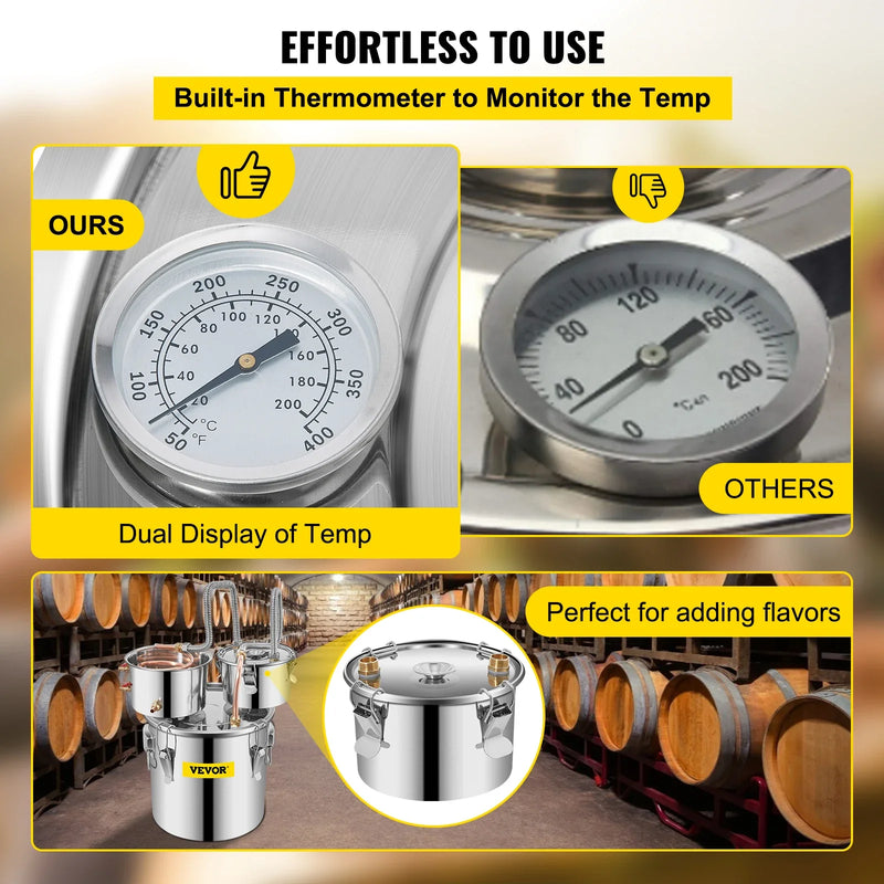 VEVOR 3/5/8/13.2 Gal Alcohol Brewing Distiller DIY Moonshine Apparatus Stainless Steel Still Whisky Beer Brandy Home Appliance