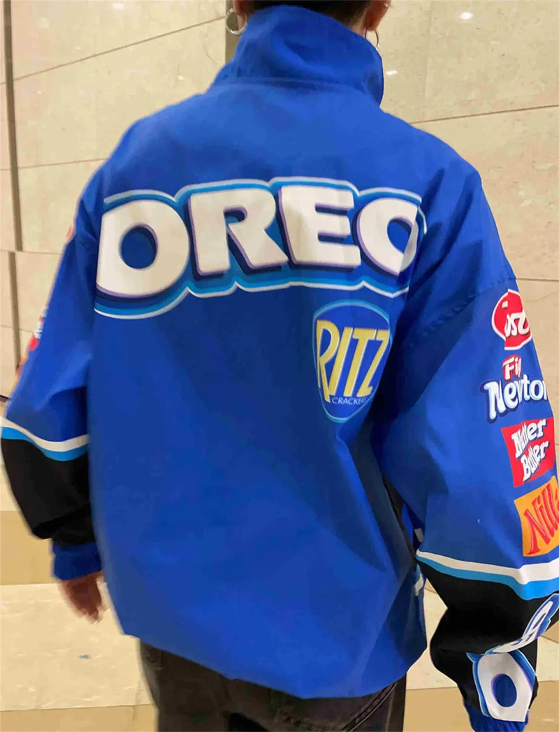 Zekye Spring Women Jacket Long Sleeve Racing Baseball Jacket Varsity Blue Printed Casual Loose Coat Motorcycle Jacket 2024