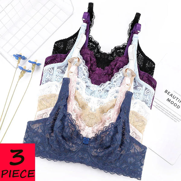 ALLTOOALL 3PC Women Sexy Lace Bras Plus Size Push Up Bralette Female Underwired Underwear Hollow Out Lingerie Embroidery Bra