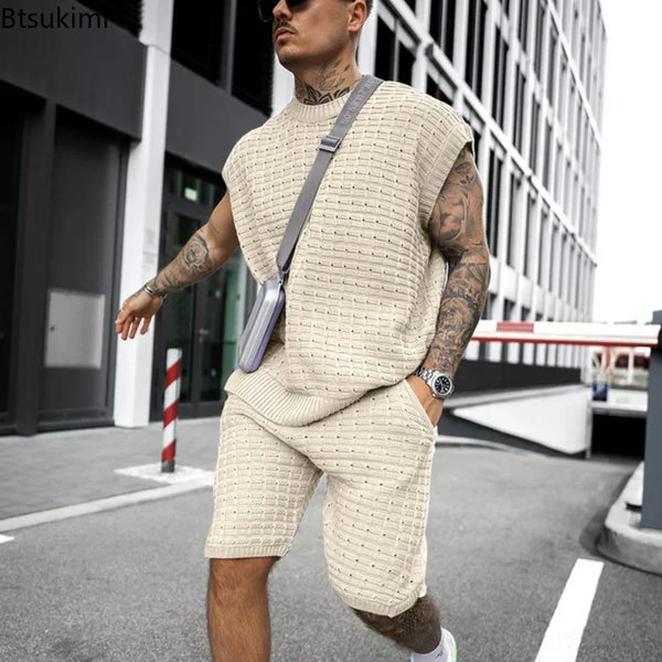 New 2025 Men's Two Pieces Casual Sets for Summer Solid Sleeveless Tops Shirts and Shorts Sets Male Streetwear Tracksuit Sets Men