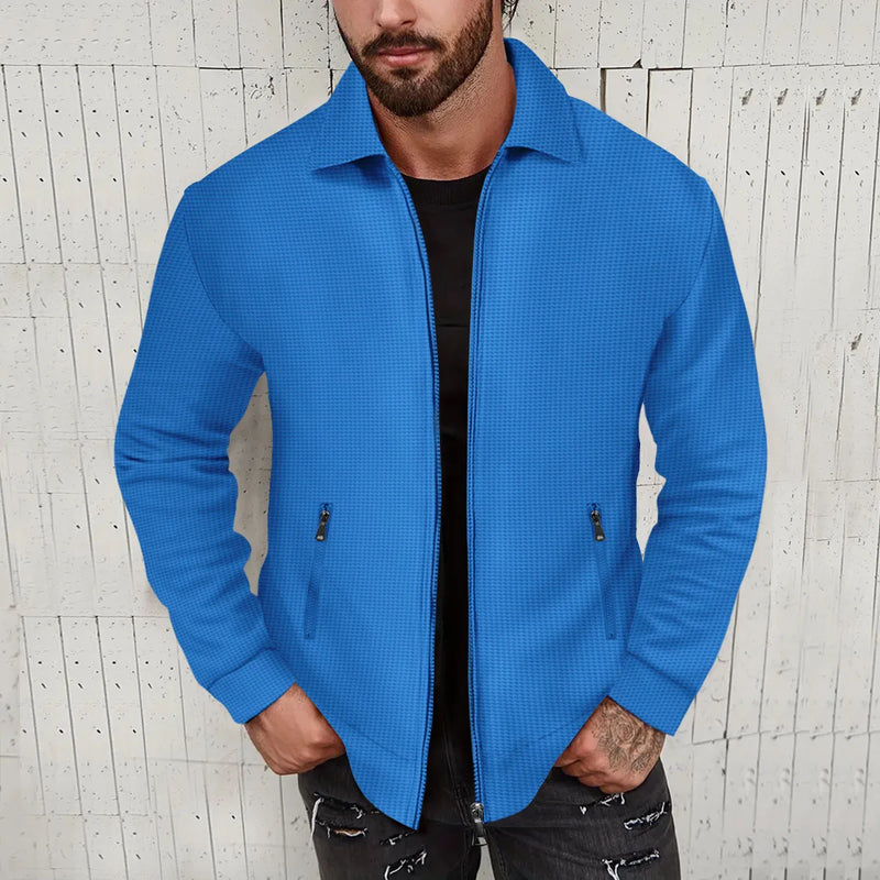 2024 European and American Waffle Long Sleeved Zippered Men's Jacket High Street Casual Men's Autumn Jacket