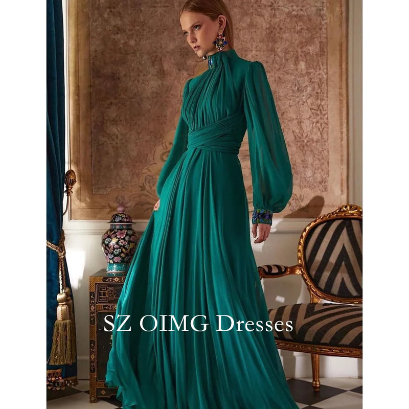 OIMG Gorgeous Fashion High Neck Green Prom Dresses Puff Sleeves Customized Elegant Satin Vintage  Gowns Formal Party Dress